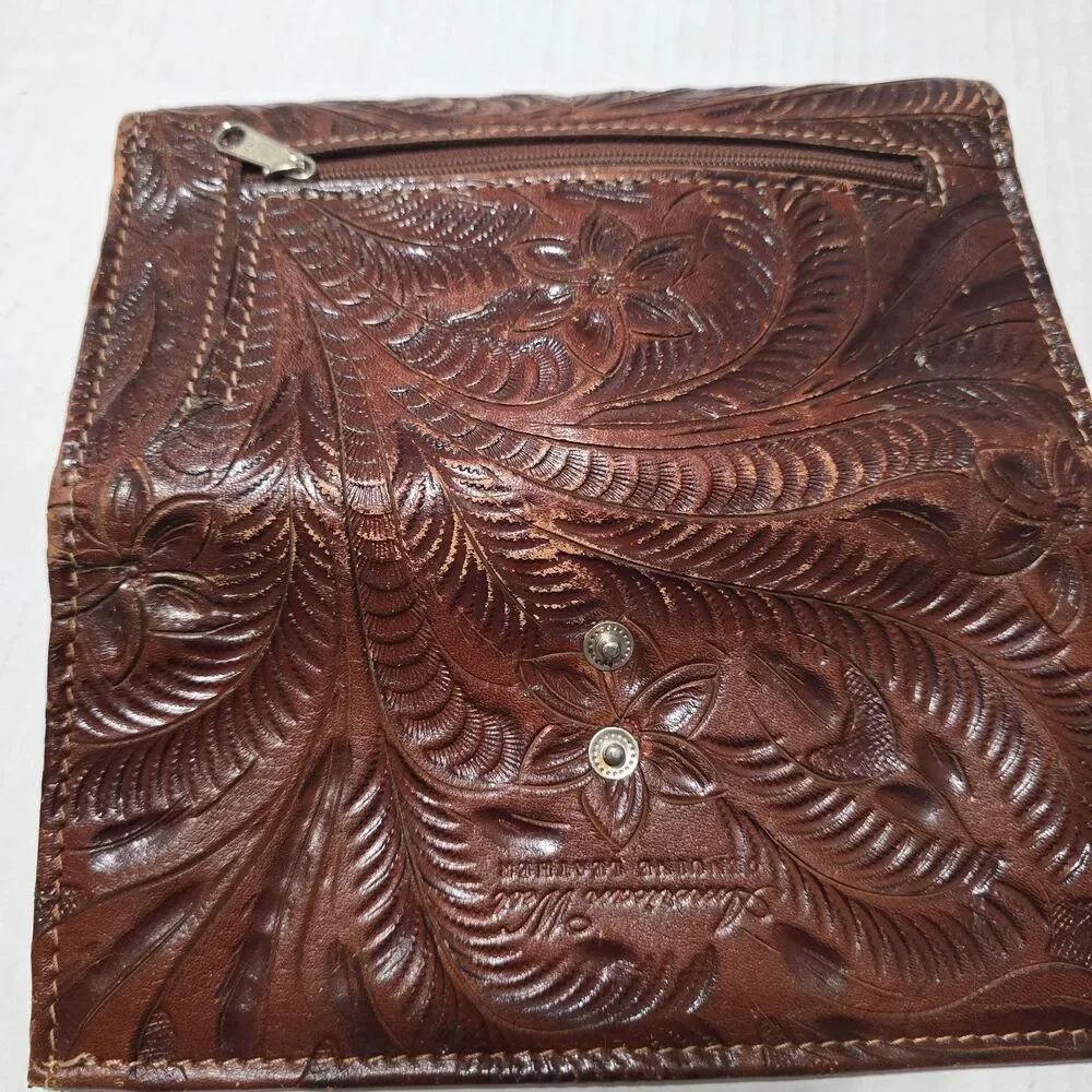 American West Tooled Leather Wallet Bi-Fold Brown Floral Studded Western Cowgirl